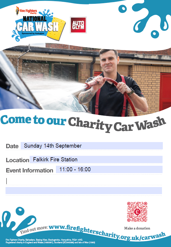Falkirk Fire Station are holding a car wash in support of the Firefighters Charity on Sunday 14th September 11m to 4pm. Come along, get your car washed and meet the crew!