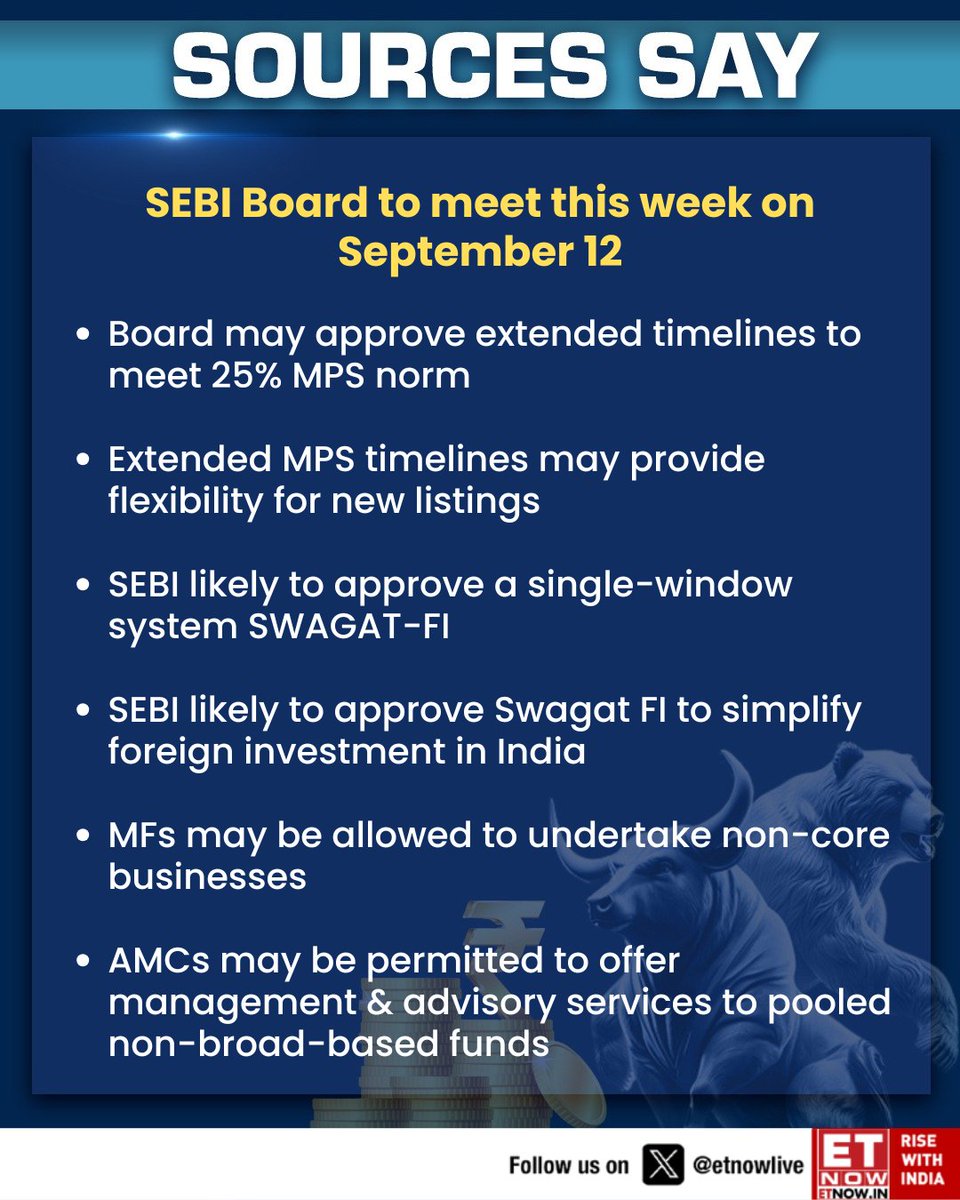 ETNOWlive's tweet image. #SourcesSay | SEBI Board to meet on Sept 12 — here’s what’s likely to be on the agenda 👇

#SEBI #Sources @ankurmishrasays