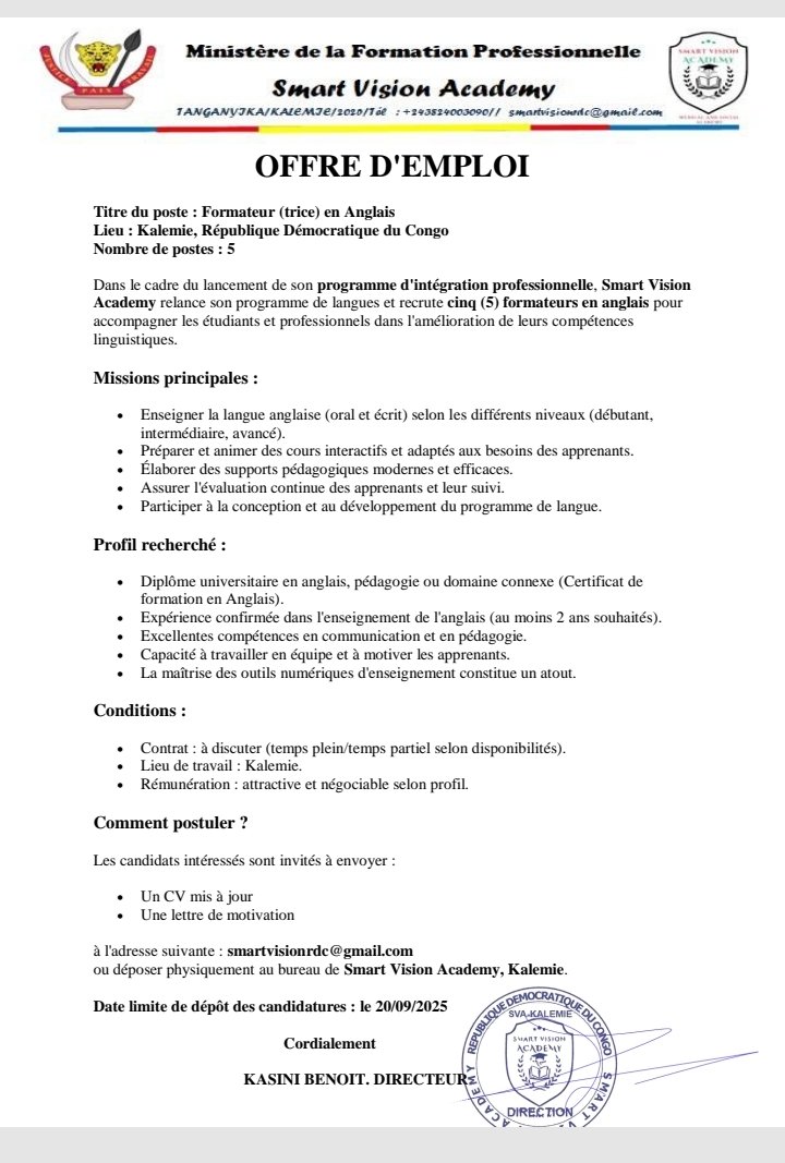 smartvisionrdc's tweet image. Nous recrutons au Tanganyika à kalemie