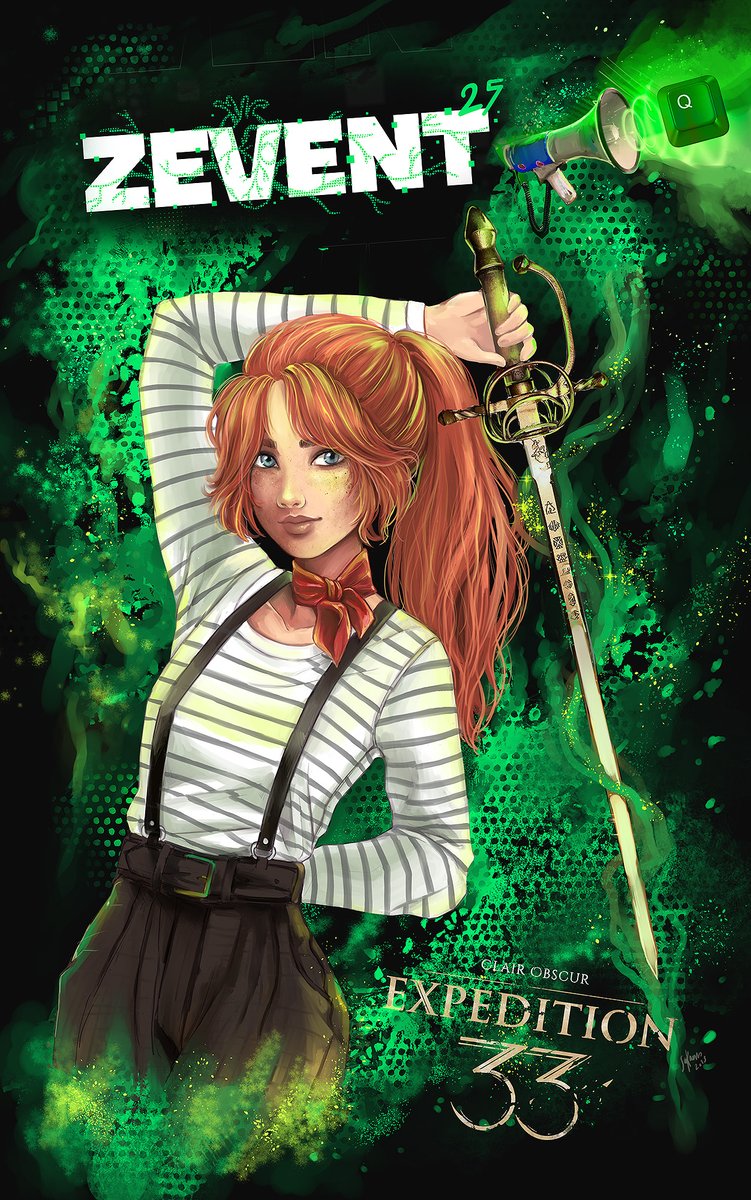 sakuems's tweet photo. @ZEVENTFR @expedition33 @ZEVENTFR @SandfallGames @expedition33  #concoursZEVENT Après une journée de taf et juste à temps (avant 16h) voilà ma participation pour le concours avec Maëlle en mode affiche promo de l'event et un easter egg ;) https://t.co/FrYM649W6P