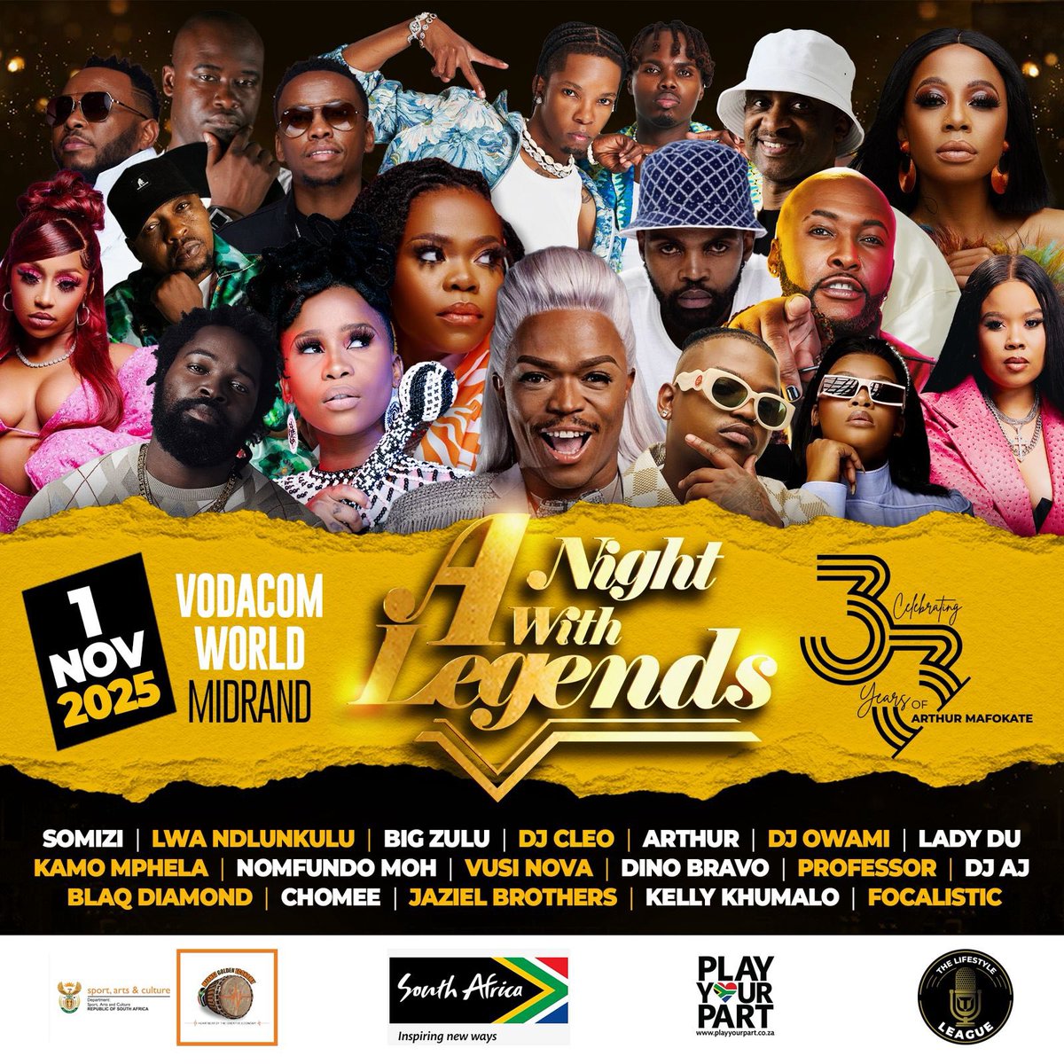 Lineup revealed. Tickets live. A Night With Legends 2025 brings two stages, two generations, one historic night. Join us on 1 November at Vodacom World, Midrand.
Secure your tickets now on Webtickets and Computicket.
#ANightWithLegends2025 #Arthur33YearsInMusic #LegendAwards2025