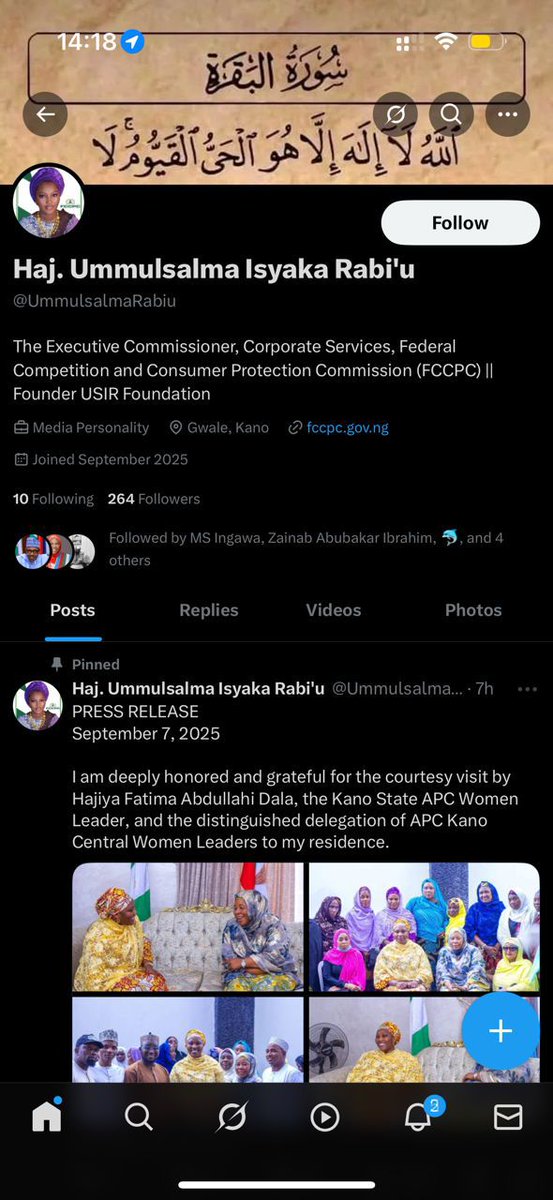 Greater_Kaduna's tweet image. DISCLAIMER 🚨

This account (📸 attached) is impersonating Ummu Salma Isyaka Rabiu, Executive Commissioner, Corporate Services, FCCPC.

Her only official Twitter account is 👉 @Ummasalmajaruma.

The public is advised to disregard and report any other handle.

#FCCPC #PublicNotice