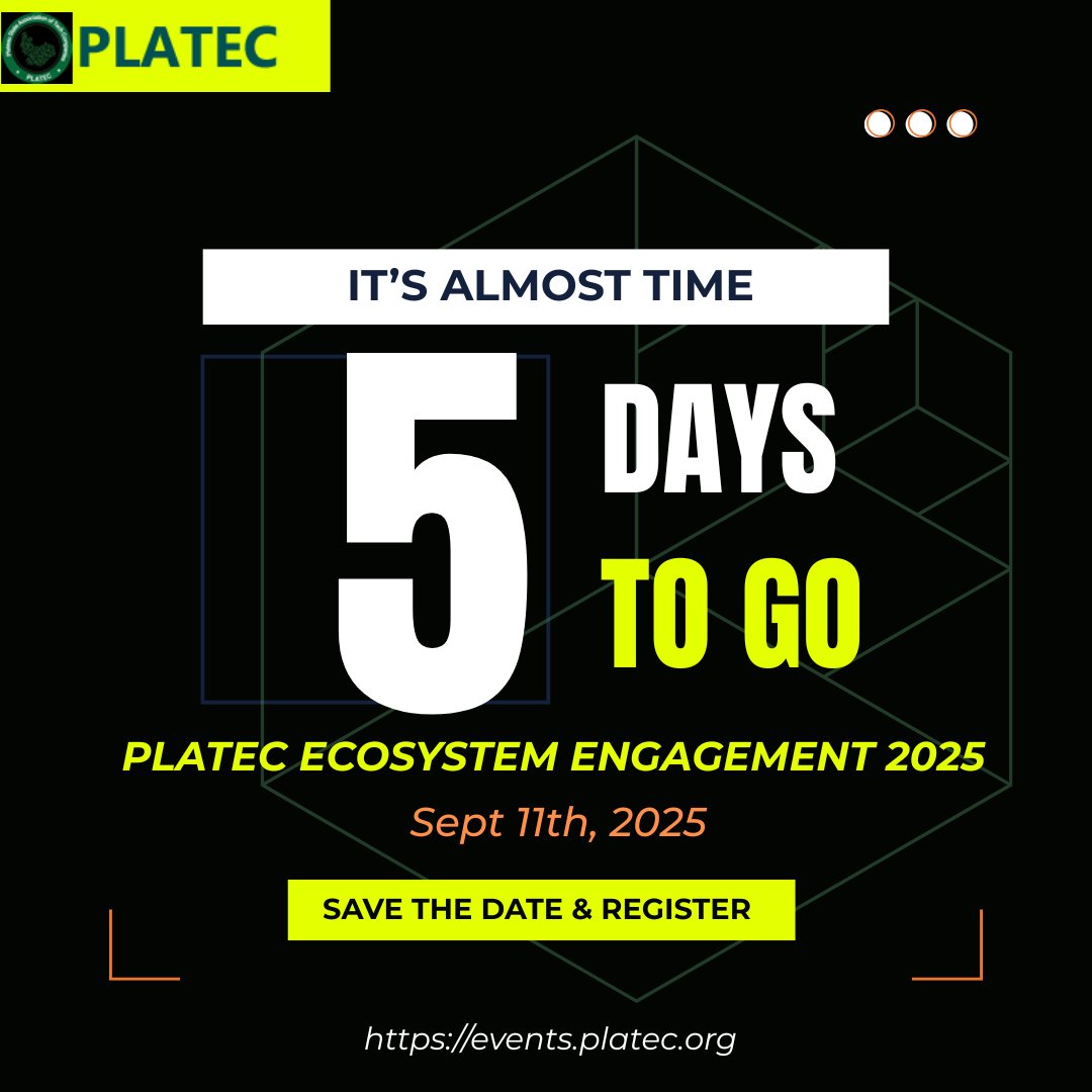 PlatecSocial's tweet image. We’re just *5 days away* from shaping the future at *PLATEC Ecosystem Engagement 2025*.  
📍 *A+ MSME Hub, Jos*  
📅 *Sept 11* | 🕙 *10:00 AM*

🎯 The future doesn’t wait. Be there.

🔗 events.platec.org  
#PLATEC2025 #TechForward #InnovationSunday #5DaysToGo