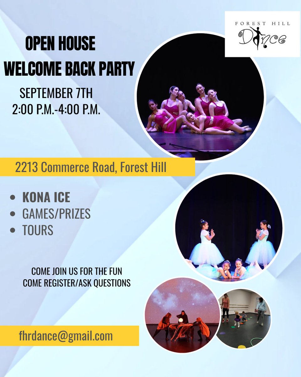 ForestHillDance's tweet photo. It may be blue today outside but it is always sunny inside Forest Hill Dance.  Come join us today for our Welcome Back Dancer and Open House from 2:00 p.m.-4:00 p.m.   Music, fun, snacks, pizza, Kona Ice will be onsite.  If you have questions about our program please stop by. https://t.co/NeSMR1FBfA