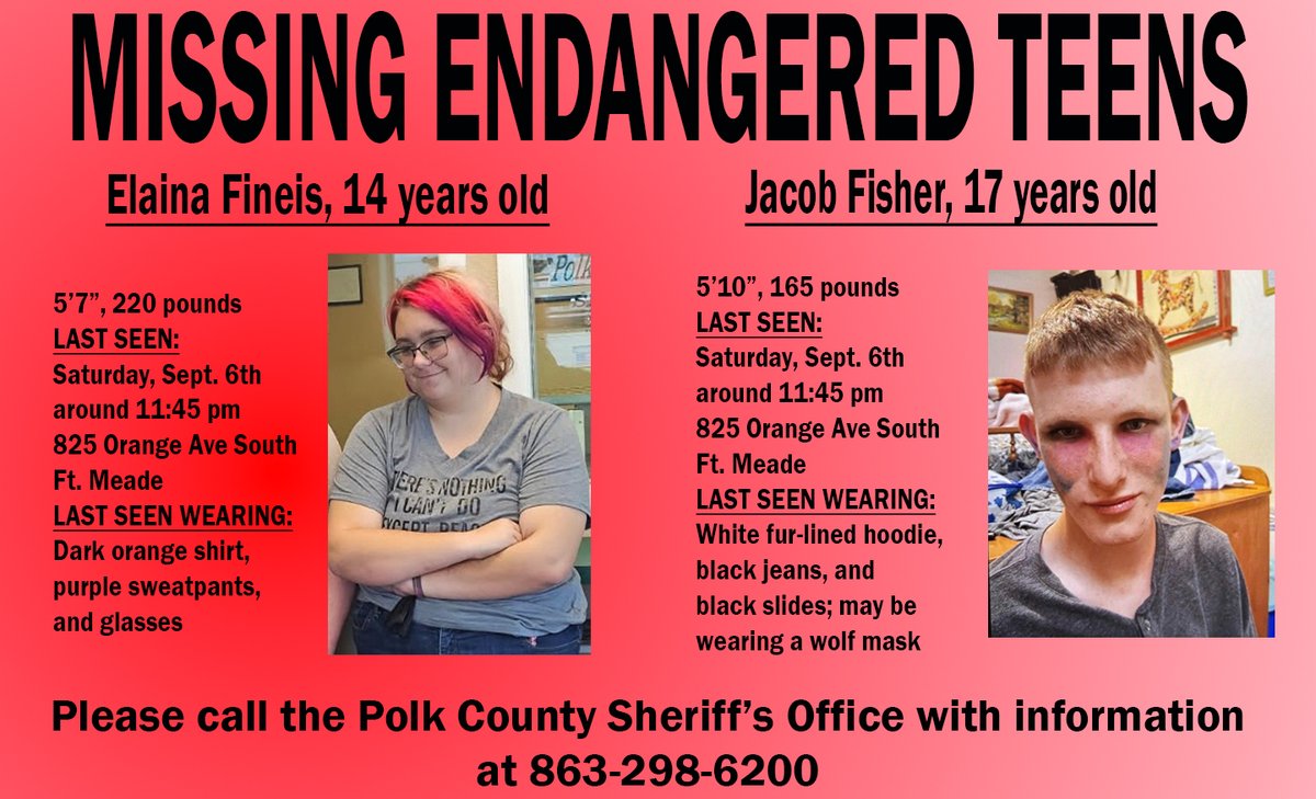 PolkCoSheriff's tweet image. #MissingTeens **JPDATED POST AND FLIER***
The Polk County Sheriff's Office is searching for two Fort Meade teens who are considered missing and endangered (they left notes that are concerning).

14 yo Elaina Fineis and 17 yo Jacob Fisher were last seen leaving Elaina's residence,