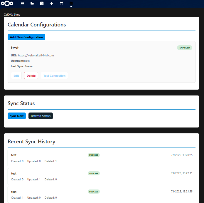 🚀 New progress on the Sync project for #NextcloudCalendar! ✨ Features: incremental sync (RFC 6578), full-fetch+diff, auto event detection, local caching &amp; fallback, logging in Nextcloud app, drag&amp;drop mapping, better UX. #Nextcloud #OpenSource <a href="/Nextclouders/">Nextcloud 📱☁️💻</a>