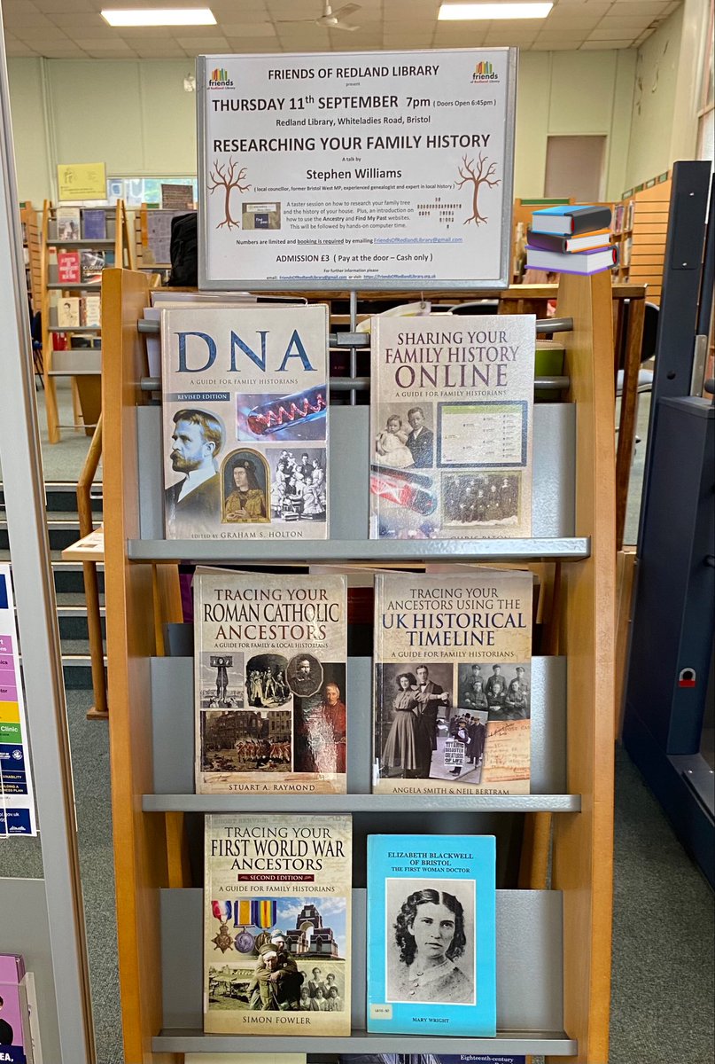 RedlandLibEvent's tweet image. Thank you to our Redland Library staff for this book display

🌳 Thursday 11th September    7pm  (Doors open 6:45pm)
🌳  Researching your Family History 
🌳  #RedlandLibrary #Bristol
🌳  Admission £3  (Pay at the door - Cash only)

#FamilyHistory #Ancestry #Genealogy