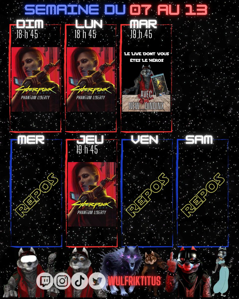 Cette semaine, on jongle entre futur dystopique et aventure dont VOUS êtes le héros :

Dim 18h45 → Cyberpunk 2077
Lun 18h45 → Cyberpunk 2077
Mar 19h45 → #LDVELH (avec new_dindinx)
Jeu 19h45 → Cyberpunk 2077

👉 twitch.tv/WulfrikTitus
#TwitchFR #Cyberpunk2077 #LDVELH