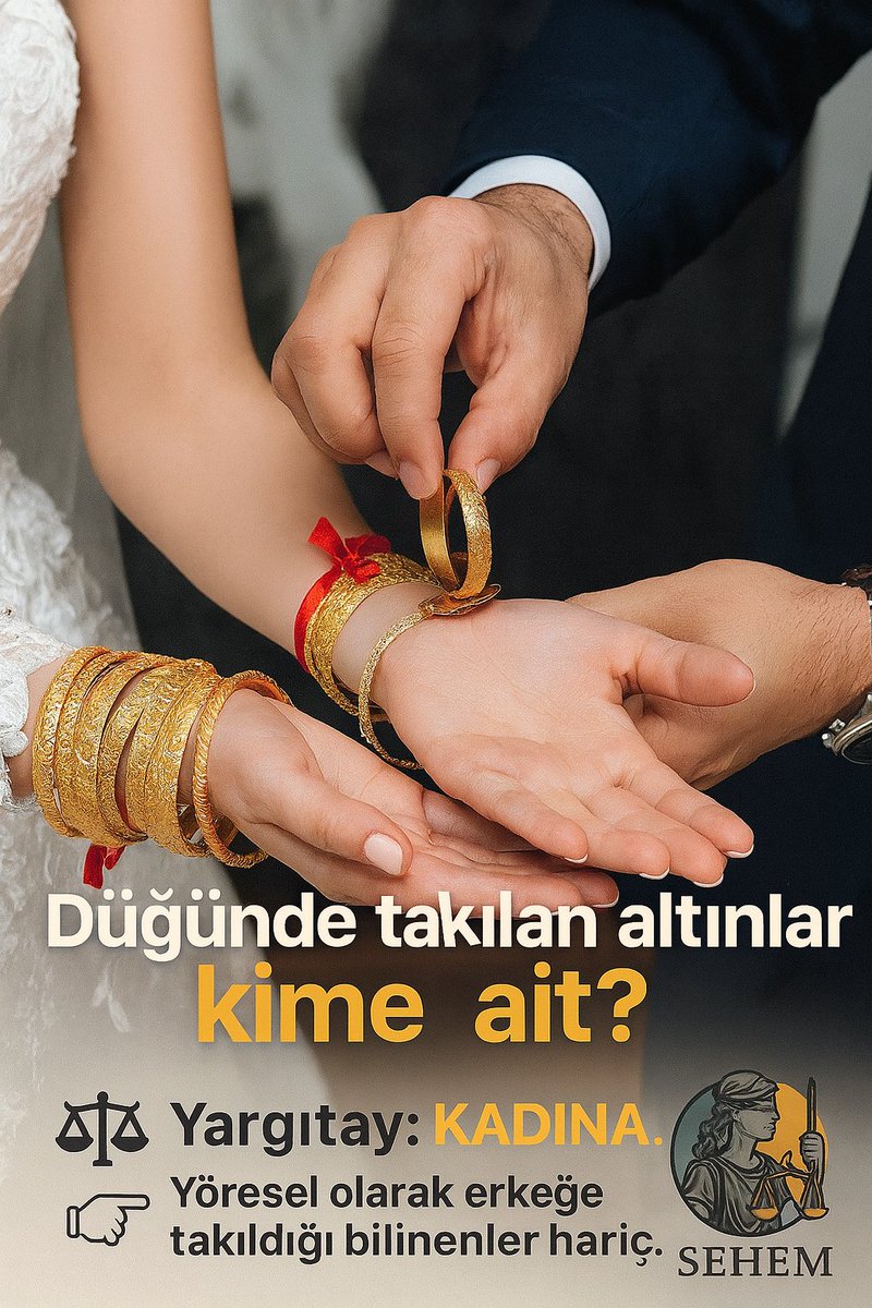 💍 Düğünde takılan altınlar kime ait?
⚖️ Yargıtay: Kadına.
👉 Yöresel olarak erkeğe takıldığı bilinenler hariç.

Sizce adil mi?

#hukuk | #yargıtay | #ailehukuku | #altın