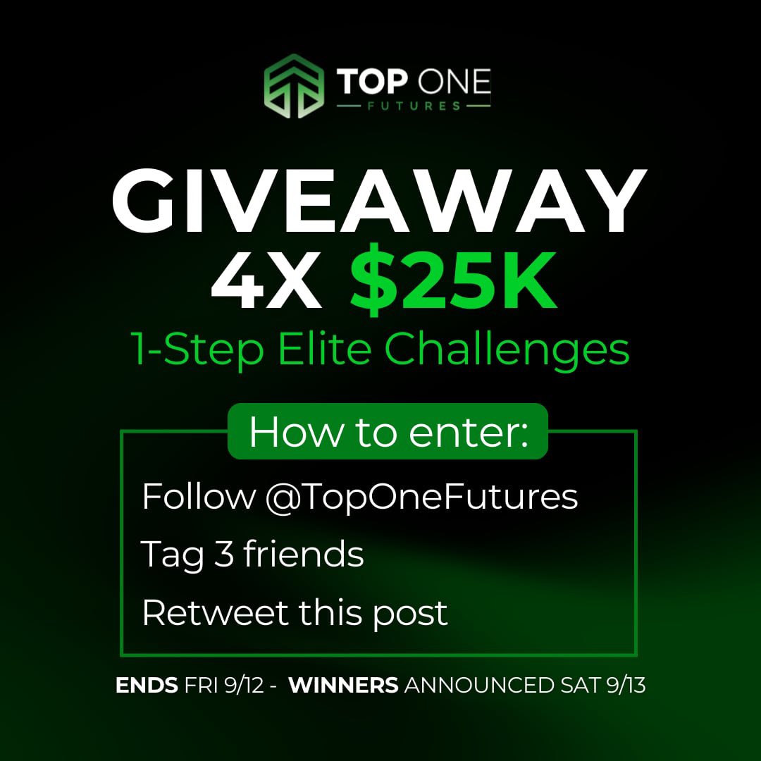 TopOneFutures (@toponefutures) on Twitter photo GIVEAWAY ALERT π¨
Weβre giving away 4x $25K 1-Step Elite Challenge Accounts π
Hereβs how to enter:
β
Follow <a href="/TopOneFutures/">TopOneFutures</a>
β
Tag 3 friends
β
Retweet this post
β³ Ends Friday, Sept 12th
π Winners announced Saturday, Sept 13th GIVEAWAY ALERT π¨
Weβre giving away 4x $25K 1-Step Elite Challenge Accounts π
Hereβs how to enter:
β
Follow <a href="/TopOneFutures/">TopOneFutures</a>
β
Tag 3 friends
β
Retweet this post
β³ Ends Friday, Sept 12th
π Winners announced Saturday, Sept 13th