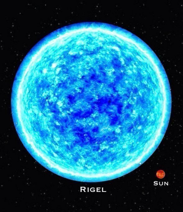 The Size of 80 Suns

NASA astronomers have shown the difference between our star and the blue supergiant Rigel (located in the constellation Orion at a distance of about 773 light years). Rigel shines 85,000 times brighter than the Sun and illuminates gigantic regions of space,