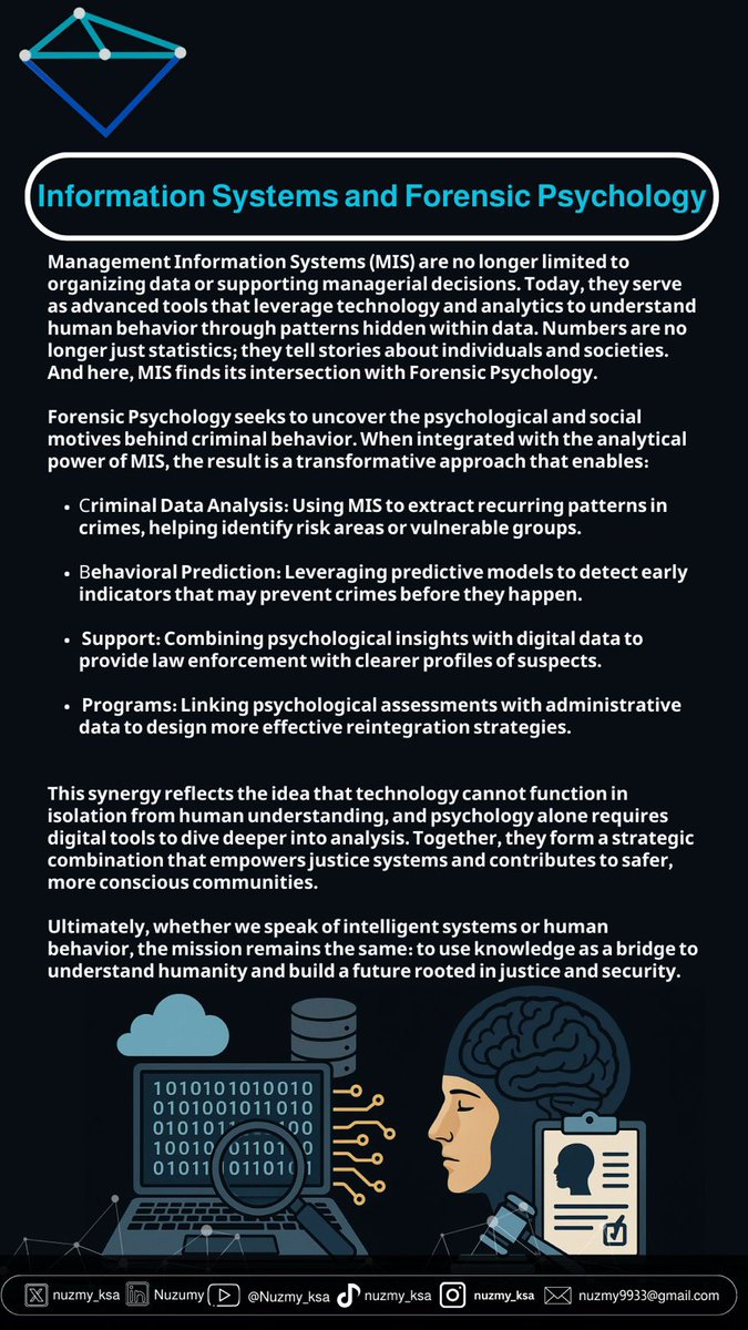 بعد ما شفنا كيف نظم المعلومات تكشف لنا أسرار الكون 🌌🚀
الحين خلونا نغوص في زاوية ثانية… زاوية النفس والعقل 🧠🔍
علم النفس الجنائي + نظم المعلومات = قراءة العقول من بين السطور 
من تحليل البيانات لسلوك المجرمين… تتحول الأرقام إلى خيوط تكشف الحقيقة 🎯
#نُظمي