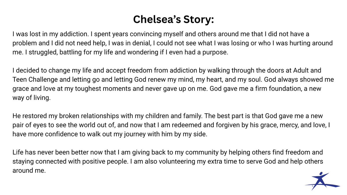 teenchallengeCC's tweet image. Chelseas’ Story:

(see second image for story)

teenchallenge.tc
#FreedomFromAddiction #HopeWithinReach