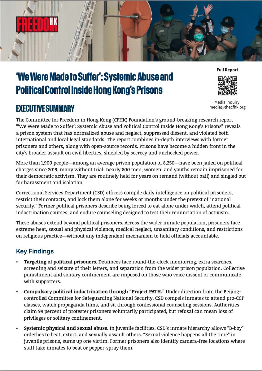 SamuelBickett's tweet photo. New today: @thecfhk released a report I co-authored with @frances_hui that exposes systemic abuse inside Hong Kong’s prisons against both political prisoners and the general inmate population.

Key findings include:
– Routine beatings and sexual violence, including against juveniles
– Medical neglect and unsafe, unsanitary living conditions
– Psychiatric "treatment" used as punishment 
– Prolonged solitary confinement beyond legal limits
– A complaint system engineered to prevent accountability

Much of this has never been reported. We interviewed dozens of former prisoners, many of whom had never spoken publicly before. Their testimonies reveal a system that enforces control through abuse and neglect as much as through confinement itself.

In a companion op-ed in the New York Post, I describe what I experienced myself as a political prisoner, and why these abuses are not exceptions but part of a deliberate system.

Read more:
Op-ed: https://t.co/pv4crZo50l
Report: https://t.co/1dBZ4Sbwb8