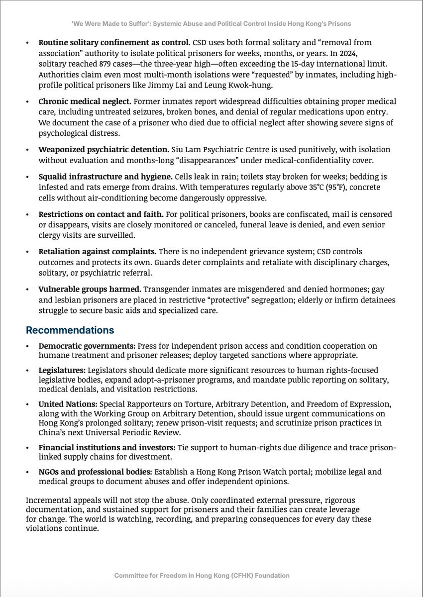 Samuel Bickett (@samuelbickett) on Twitter photo New today: <a href="/thecfhk/">The Committee for Freedom in Hong Kong Foundation</a> released a report I co-authored with <a href="/frances_hui/">Frances Hui 許穎婷</a> that exposes systemic abuse inside Hong Kong’s prisons against both political prisoners and the general inmate population.
Key findings include:
– Routine beatings and sexual violence, including against New today: <a href="/thecfhk/">The Committee for Freedom in Hong Kong Foundation</a> released a report I co-authored with <a href="/frances_hui/">Frances Hui 許穎婷</a> that exposes systemic abuse inside Hong Kong’s prisons against both political prisoners and the general inmate population.
Key findings include:
– Routine beatings and sexual violence, including against