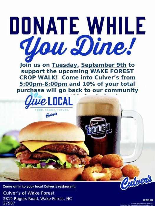 Come join us on September 9 ! Culver's will contribute 10% of all sales from 5:00-8:00 !