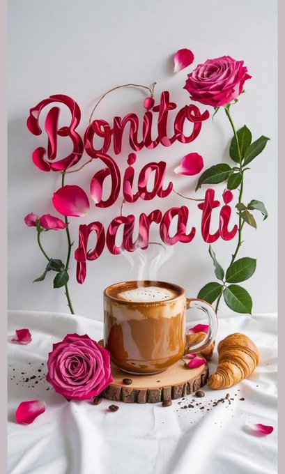 A cup of coffee with steam rising, placed on a wooden coaster. Pink roses and rose petals are scattered around the cup. A croissant is positioned next to the cup. Red text reads "Bonito Dia para ti" in a cursive style, surrounded by floral elements.