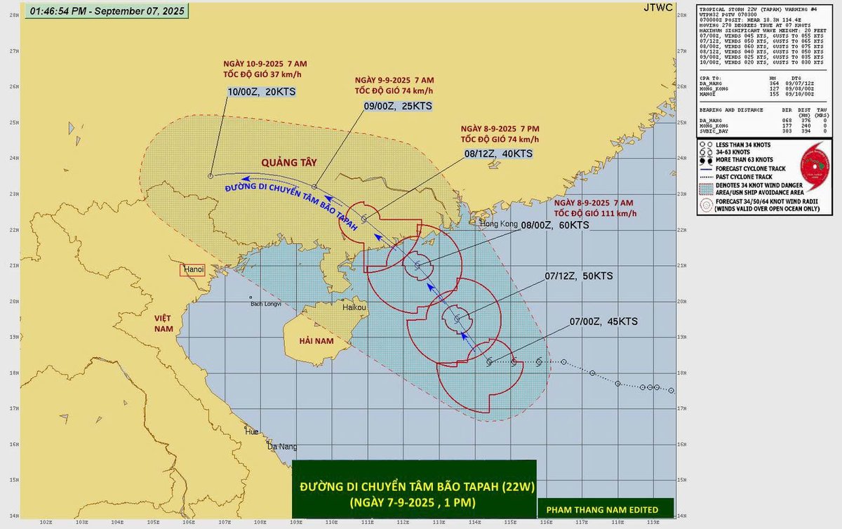 Path of the eye of tropical storm "TAPAH". Storm eye will hit the coast of  YANGJIANG city,GUANGDONG at about 10-11 a.m. on Sept. 8, 2025 with wind speed fr. 102 to 110 km/h