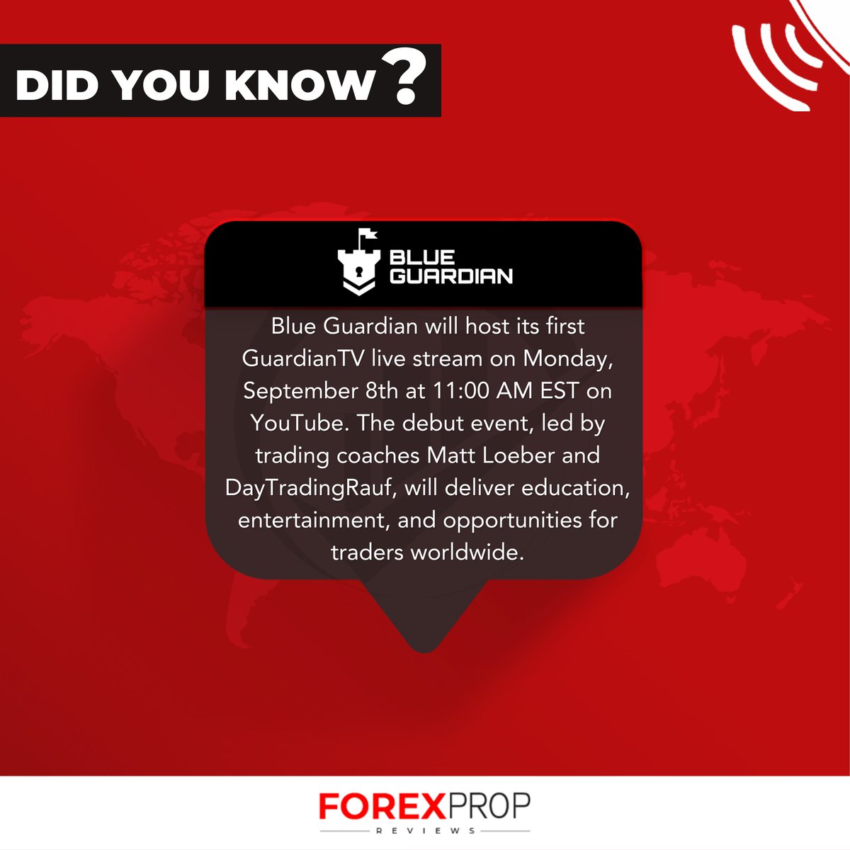 fxpropreviews's tweet photo. ⚡ Blue Guardian = Education + Opportunity
🎥 First-ever GuardianTV Live Stream – Sept 8, 11 AM EST on YouTube
💡 With Matt Loeber & DayTradingRauf
💰 $500K Giveaway – 10 x $50K funded futures accounts LIVE! 🚀
#BlueGuardian #GuardianTV #PropTrading #Giveaway https://t.co/71nJDWzhYJ