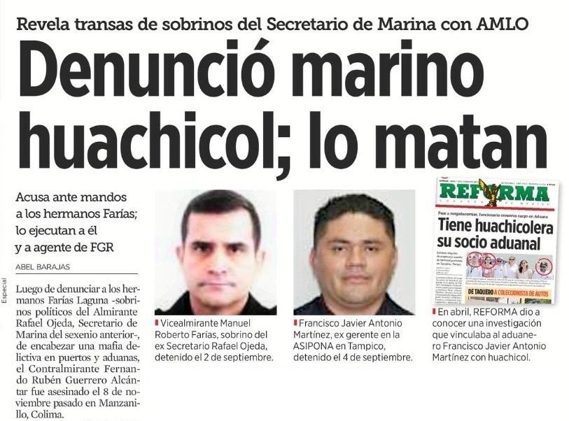 "El contraalmirante Fernando Rubén Guerrero Alcántar entregó denuncias puntuales al entonces secretario de Marina, Rafael Ojeda, y fue asesinado meses después en circunstancias aún no aclaradas 😑
Adivina, adivinador... ¿quién o quiénes protegían a esa mafia?"…
Templo Mayor