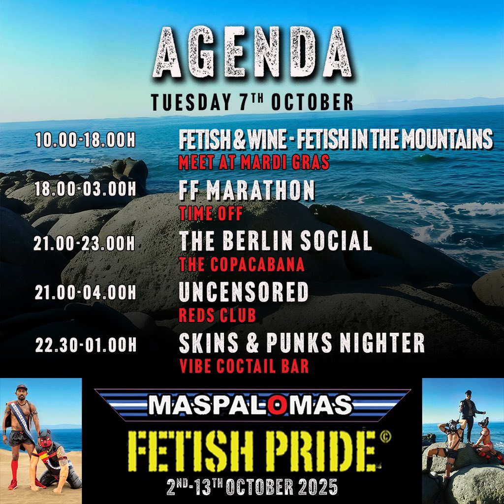 The countdown is on! Just one month to go until Maspalomas Fetish Pride 2025 kicks off. We already know what we’ll be doing this time next month - do you know where you’ll be? 

Full agenda + advance tickets now available at 👉 maspalomasfetishpride.com