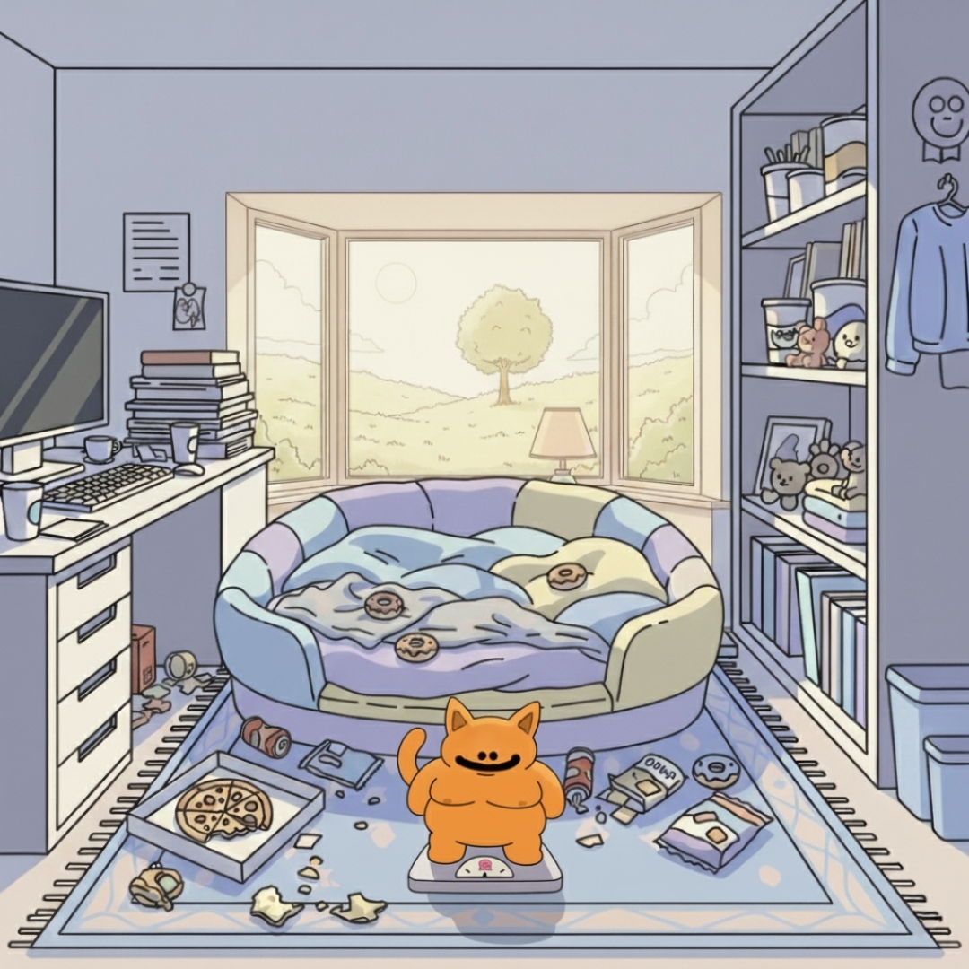 Gm 🌤️A new day dawns. Gizmo's ready to face his biggest challenge yet; the weight scale. 😱 Turns out those dream donuts were calorie-dense. 🍩💔