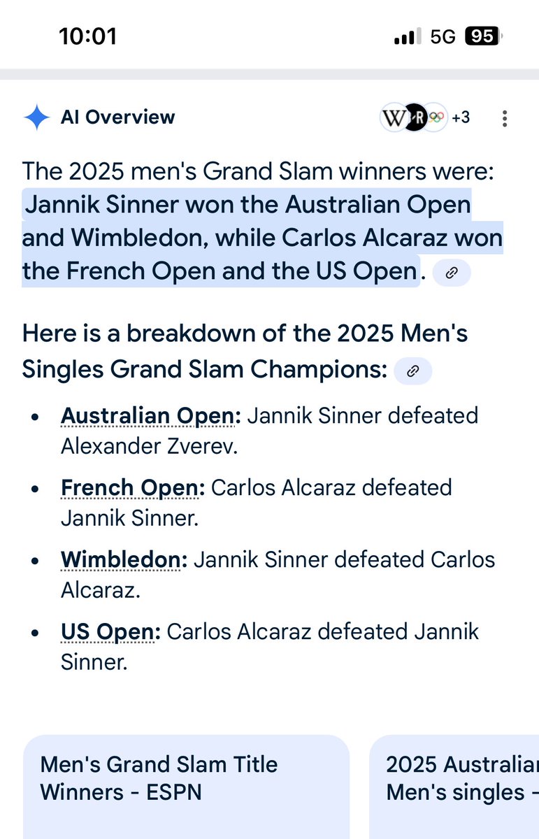 Does AI know something about the result of the US Open Men’s Final today at 2pm 9/07/2025? 🤨

This is an AI generated search screenshot from this morning at 10:01am … 

Is AI’s confidence worth a bet on Alcaraz?

#AI #USOpen2025 #tennis #USOpen