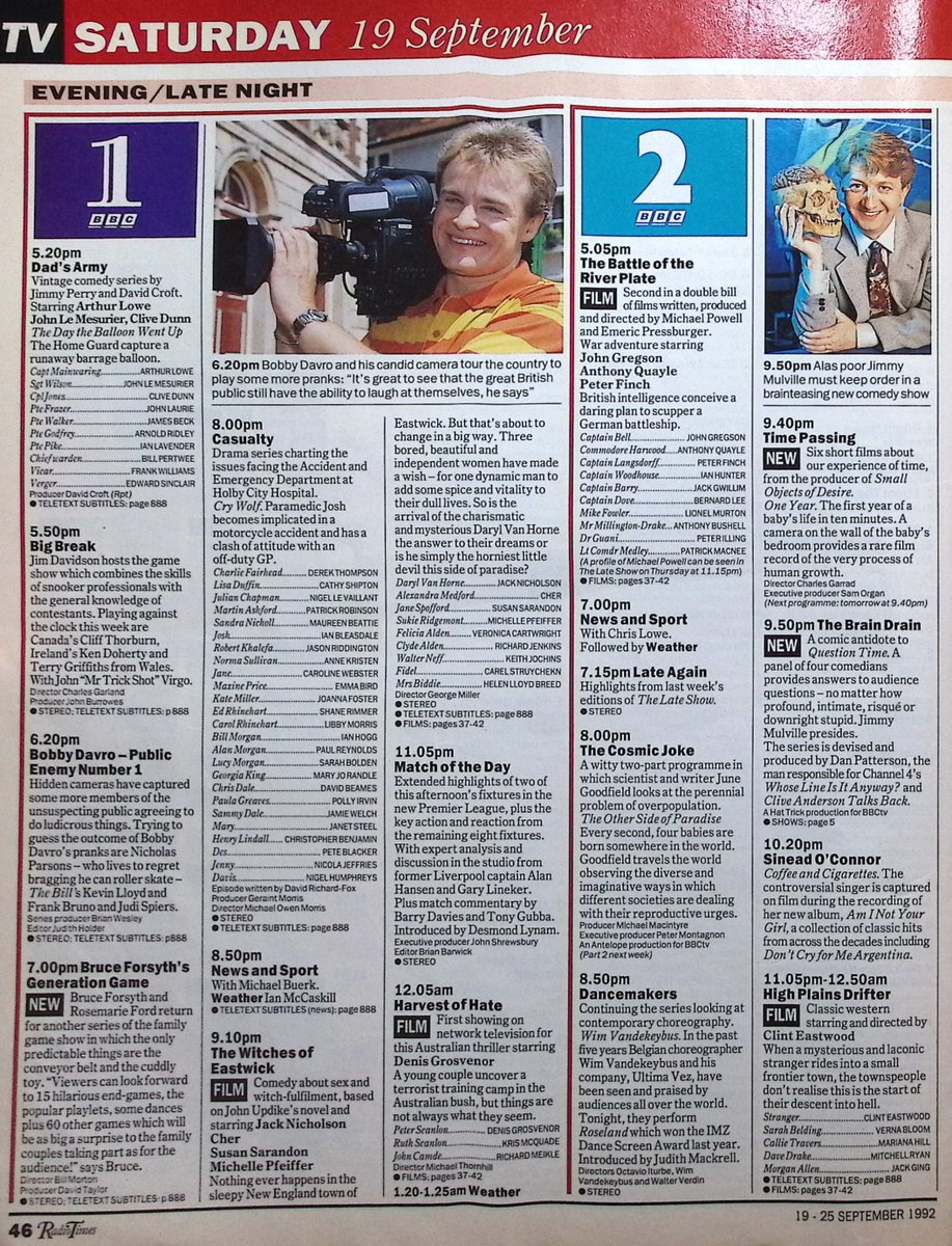 TvDidYouSee's tweet photo. #OnThisDay 19 September 1992 ๐บTV
"Say your prayers, cause we're going up your stairs!"
DAME EDNA'S NEIGHBOURHOOD WATCH begins.
The comic antidote to Question Time, THE BRAIN DRAIN, returns.
Trouble for Josh in #Casualty.
Puppet fun in DINSOAURS.
#RoyWalker hosts CATCHPHRASE. https://t.co/o1OAfg1Vy5