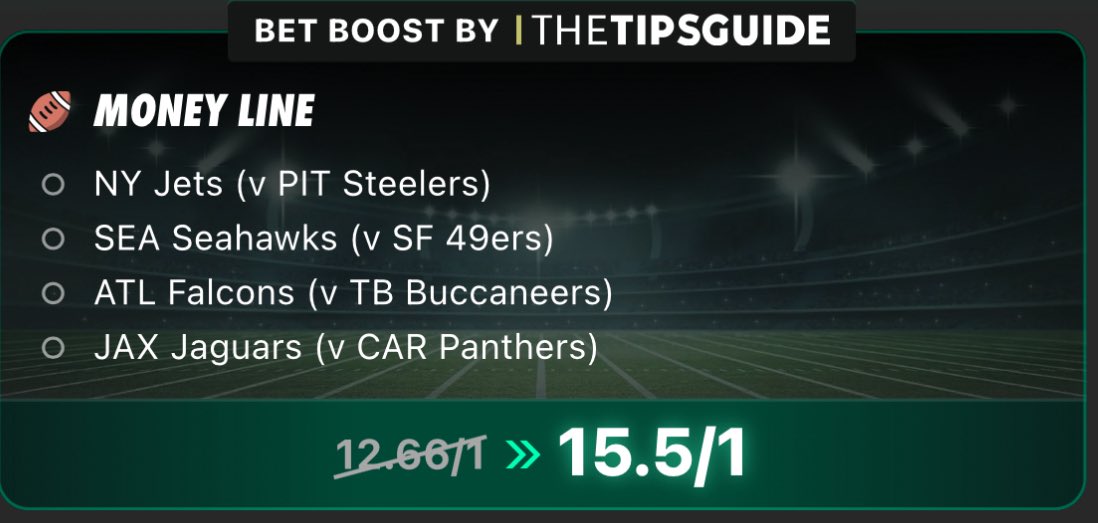 🏈 15/1 NFL Teams to win Bet365 boost 

Load to your slip...

Here 👉 bit.ly/3ILiiUY

Price subject to change.

18+ gambleaware.org #AD T&amp;Cs apply