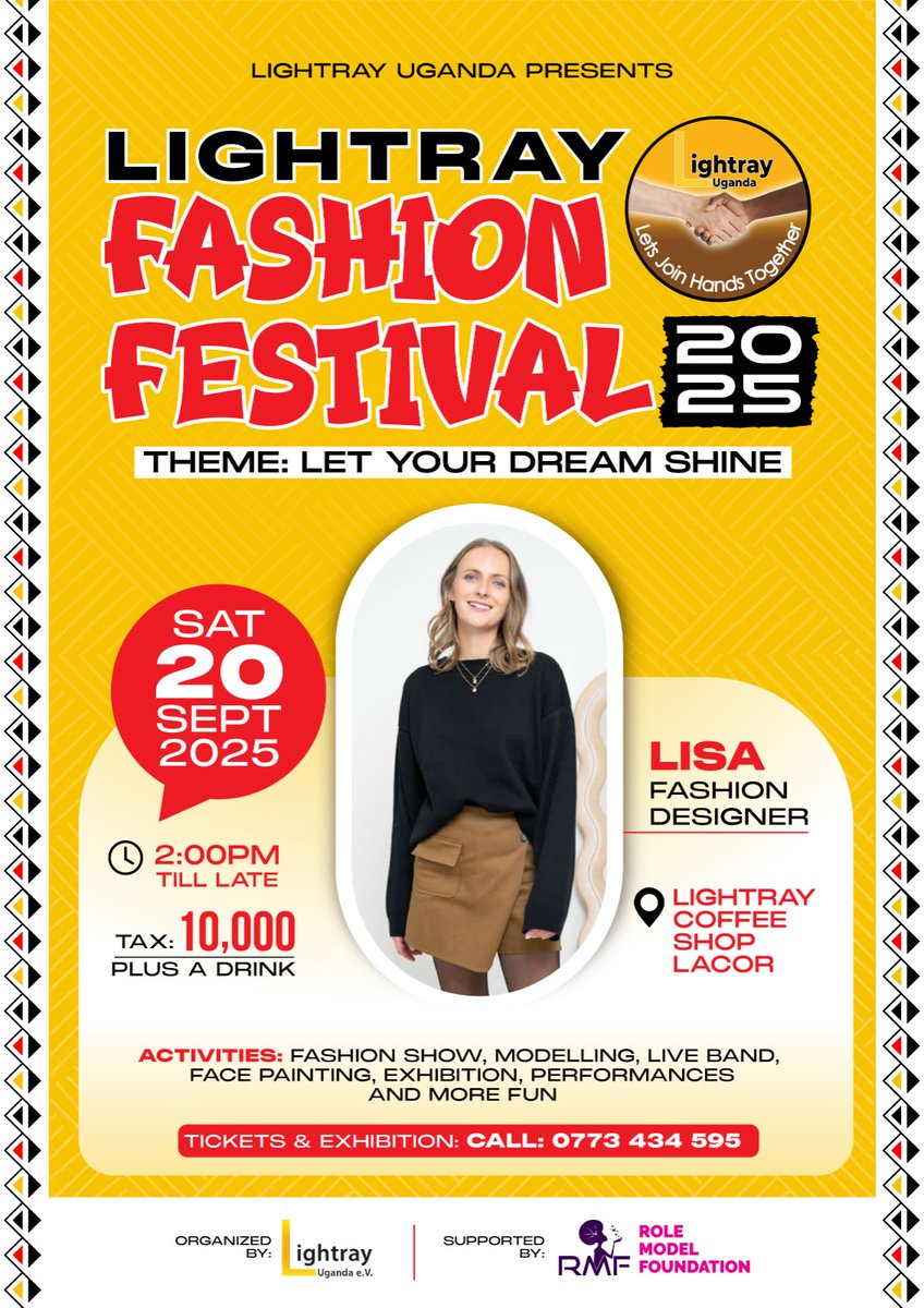 OkelloOg1's tweet photo. Join us for an unforgettable evening at the Lightray Fashion Festival 2025 on Sat. 20th Sept, as Lisa, a visionary designer from Germany, takes the spotlight.
Don’t miss this stunning showcase of cross-cultural creativity and bold design.
#LightrayFashionFestival2025 #LisaDesigns https://t.co/vXDBtNQEZQ
