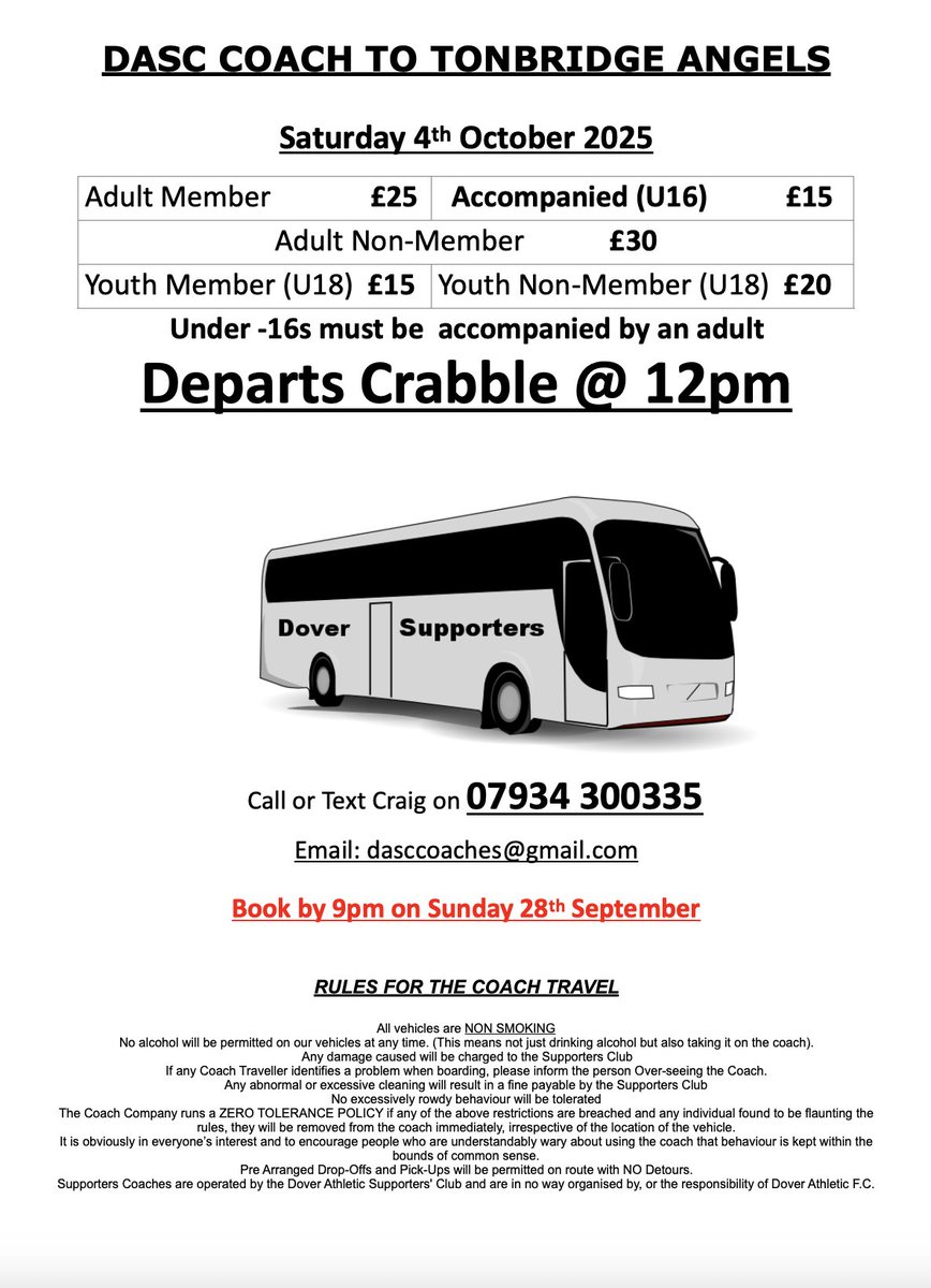 Please see details of our Away trip to TONBRIDGE ANGELS - Saturday 4th October 2025.

Please book Early so we can book the Correct sized Coach for our needs.

Booking deadline - 9pm on the 28th September