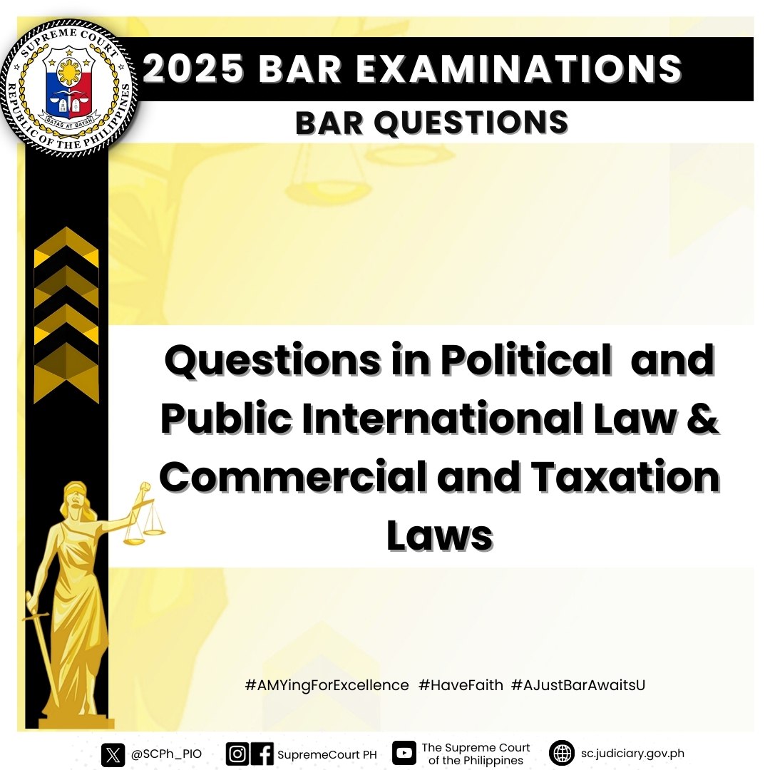 READ: #Bar2025 Examinations
•Questions in Political and Public International Law
LINK: sc.judiciary.gov.ph/wp-content/upl…
•Questions in Commercial and Taxation Laws
LINK: sc.judiciary.gov.ph/wp-content/upl…

#AMYingForExcellence
#AJustBarAwaitsU
#HaveFaith
#SupremeCourtPH