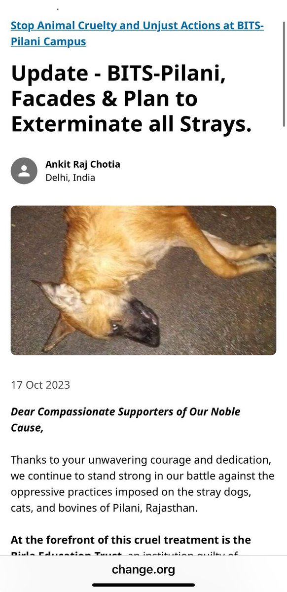 IUFAR2023's tweet photo. False Post Sir

1. There has not been a single instance of dog bite ever on any BITS Campus

2. Rather 8 BITS students have died on campus in the past8Years

🙏WhenIs @bitspilaniindia releasing 94 SterilizedCommunityDogs FORCEFULLY&amp;ILLEGALY CONFINEDinYourUnauthorized Shelter https://t.co/6A95DROdCG