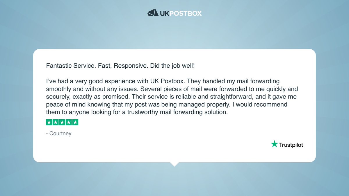 Thanks Courtney for the ⭐ ⭐⭐ ⭐⭐ 

📦 ✈️ If you don't already, you can use our mail forwarding service to forward post internationally. 

See more reviews 👉 ukpostbox.com/testimonials

#MailForwarding #MailManagement #BusinessMail