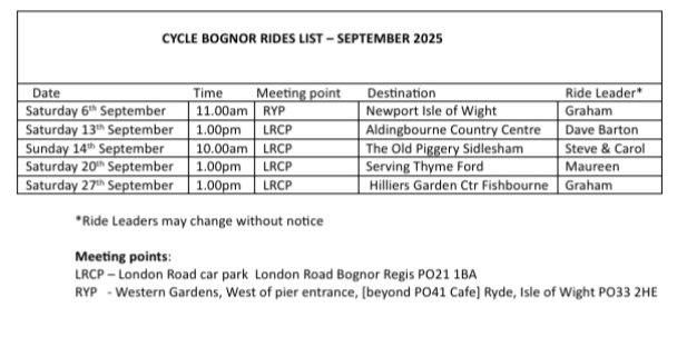 cyclebognor's tweet image. September schedule: all our summer evening rides are over till next year 😞