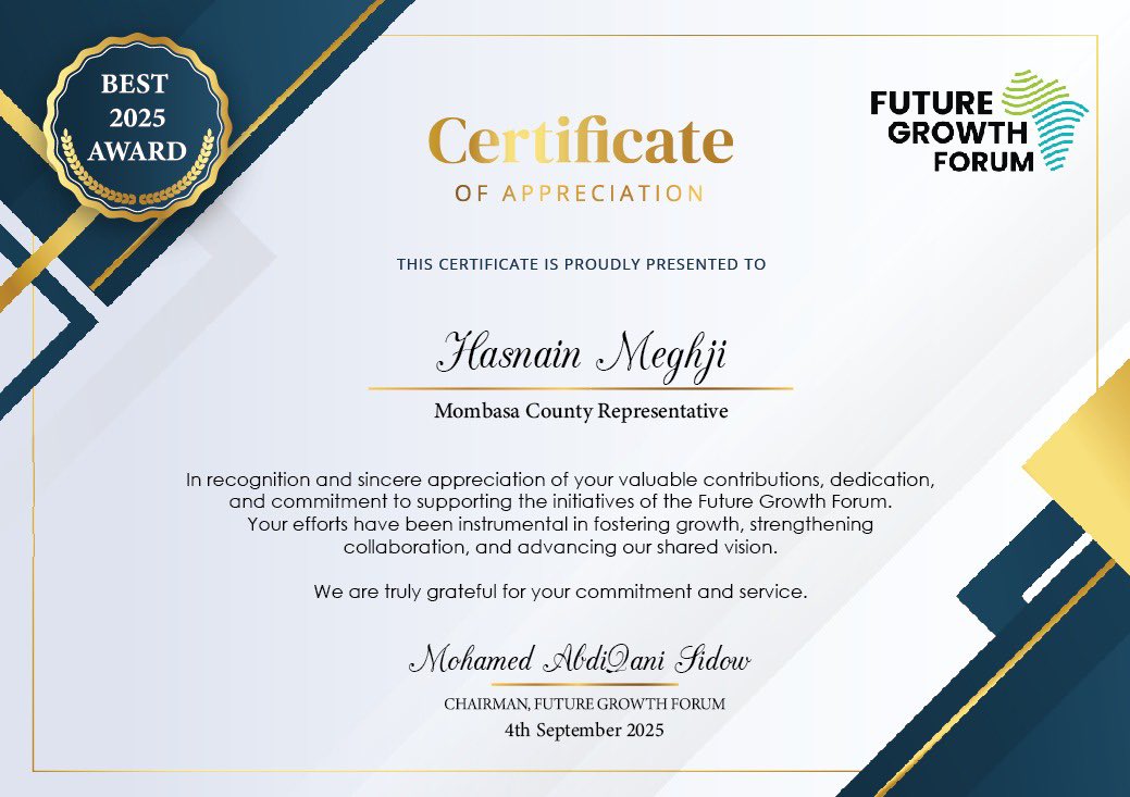 At the official launch of the East Africa Halal Expo &amp; Forum held in Nairobi, our Mombasa County Representative <a href="/hm_meghji/">Hasnain Meghji</a> was honoured in recognition of his valuable contributions, dedication, and commitment to advancing the initiatives of the Future Growth Forum.