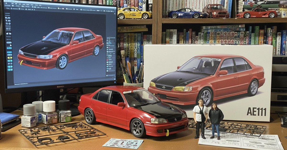 ae111ae92's tweet photo. #AE111 #カローラGT #カローラ　#AIイラスト #プラモデル

細かい修正が難しいなぁ
違う箇所色々あるけど、まぁこんなもんでいいか https://t.co/2aA6T683Ft