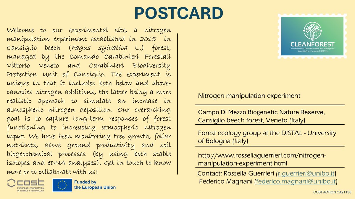 CLEANFOREST COST Action (@ca_cleanforest) on Twitter photo We continue exploring the experimental sites of our #network and the activities taking place there.
Today, Rossella Guerrieri presents a #nitrogen #ManipulationExperiment in the beech forest of #Cansiglio Natural Reserve.
Excellent opportunities to start new collaborations! We continue exploring the experimental sites of our #network and the activities taking place there.
Today, Rossella Guerrieri presents a #nitrogen #ManipulationExperiment in the beech forest of #Cansiglio Natural Reserve.
Excellent opportunities to start new collaborations!