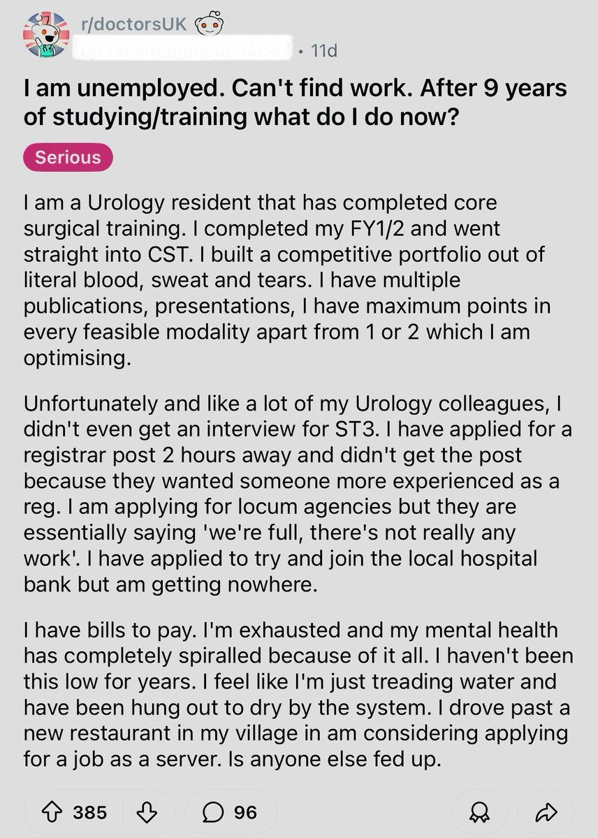NHS doctors are being left unemployed after years of training, because the Government won’t fund enough training jobs.

Doctors want to care for patients, but are being blocked from training to become consultants or GPs.

Patients wait, doctors are wasted. A national disgrace.