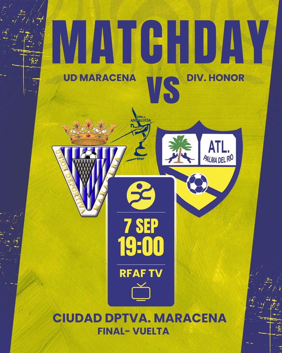 ⚔️ ¡Vuelta de la final de la #CopaAndalucía en marcha!

🆚 <a href="/udmaracena1945/">UD Maracena</a> 
⌚️ 19:00h
🏟️ Ciudad Dptva. Maracena
🏆 Final - VUELTA (ida: 0-2)
📲 Síguelo a través de <a href="/palmadeporte/">PalmaDeporte</a> 
📺 <a href="/RFAF_tv/">RFAFtv</a> 

🫂 ¡Os esperamos!

#AmarilloYAzul