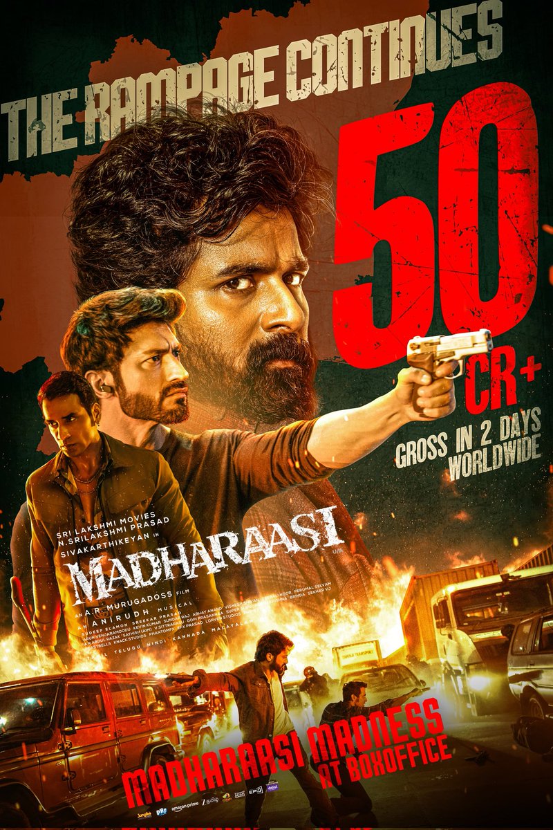bharath1's tweet image. Madharaasi 🔥 Storming the box office! 50Cr+ worldwide in just 2 days 💥 #Sivakarthikeyan mass charisma + power-packed action winning hearts ❤️ Huge #BlockbusterWeekend ahead! @Siva_Kartikeyan @ARMurugadoss @anirudhofficial