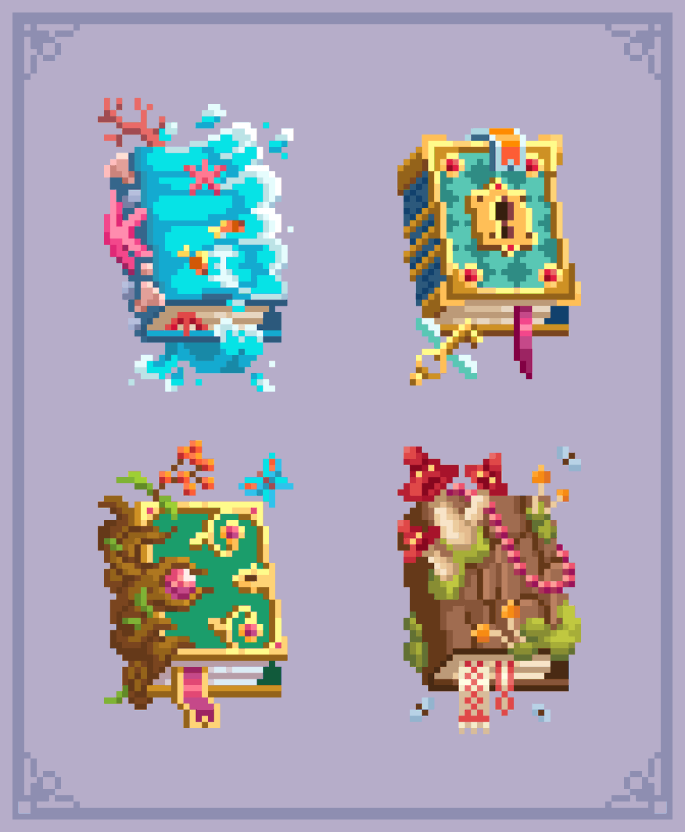 TaseMiru's tweet photo. Spell books✨
°
°
°
#cgart #digitalart  #drawing #artwork #pixel #pixelart #pixelartist #8bit #16bit #aseprite #pixelartwork #ドット絵 #spellbook #props https://t.co/mQulSmTxpb