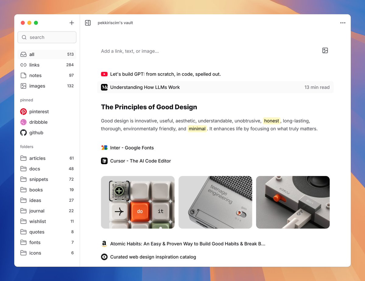 pekkiriscim's tweet photo. vault bugün product hunt’ta 🎉

link, not ve görsellerinizi saklayabileceğiniz, tamamen yerel çalışan ve açık kaynak bir masaüstü uygulaması.

destek ve geri bildirimleriniz benim için çok değerli 🧡

https://t.co/yp282e5kNA https://t.co/53mBe7mrGr