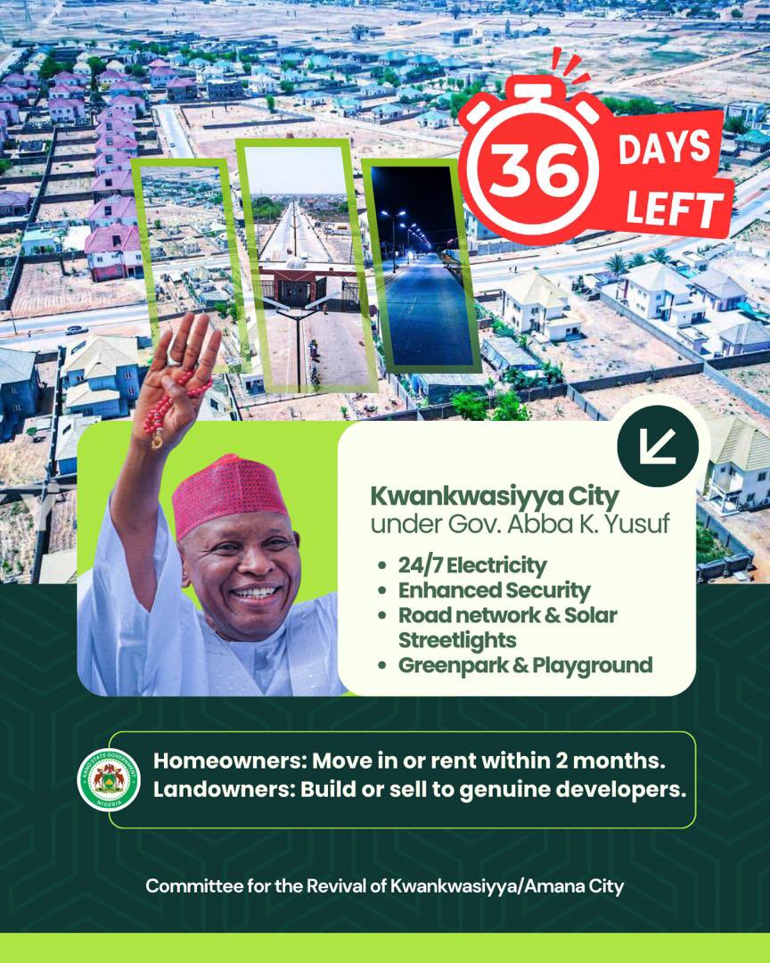 🚨36 DAYS LEFT🚨

The committee for the revival of the Kwankwasiyya/Amana city calls on:

- Homeowners: To move in or rent out your houses within 2 months.
- ⁠Landowners: To build, develop, or sell to genuine investors.