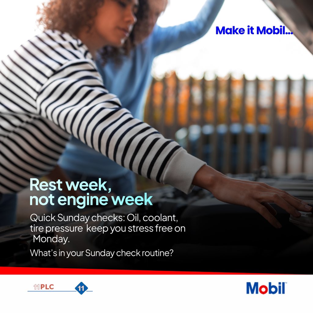 11PLC's tweet image. Sundays are for easy rides, not engine stress.
A quick check on oil, coolant, and tire pressure keeps your Monday worry-free.
What do you check before the new week begins?

#MobilTips #SmartDriving #CarCareSunday #EngineHealth #FuelEfficiency