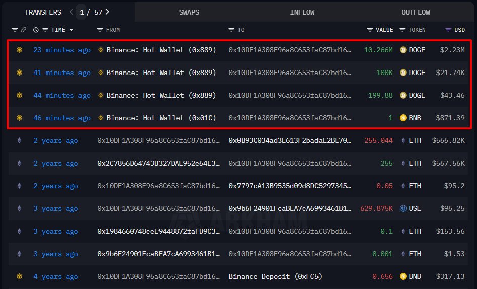 Screenshot of DOGE transfers from a Binance hot wallet, highlighting recent and historical withdrawals