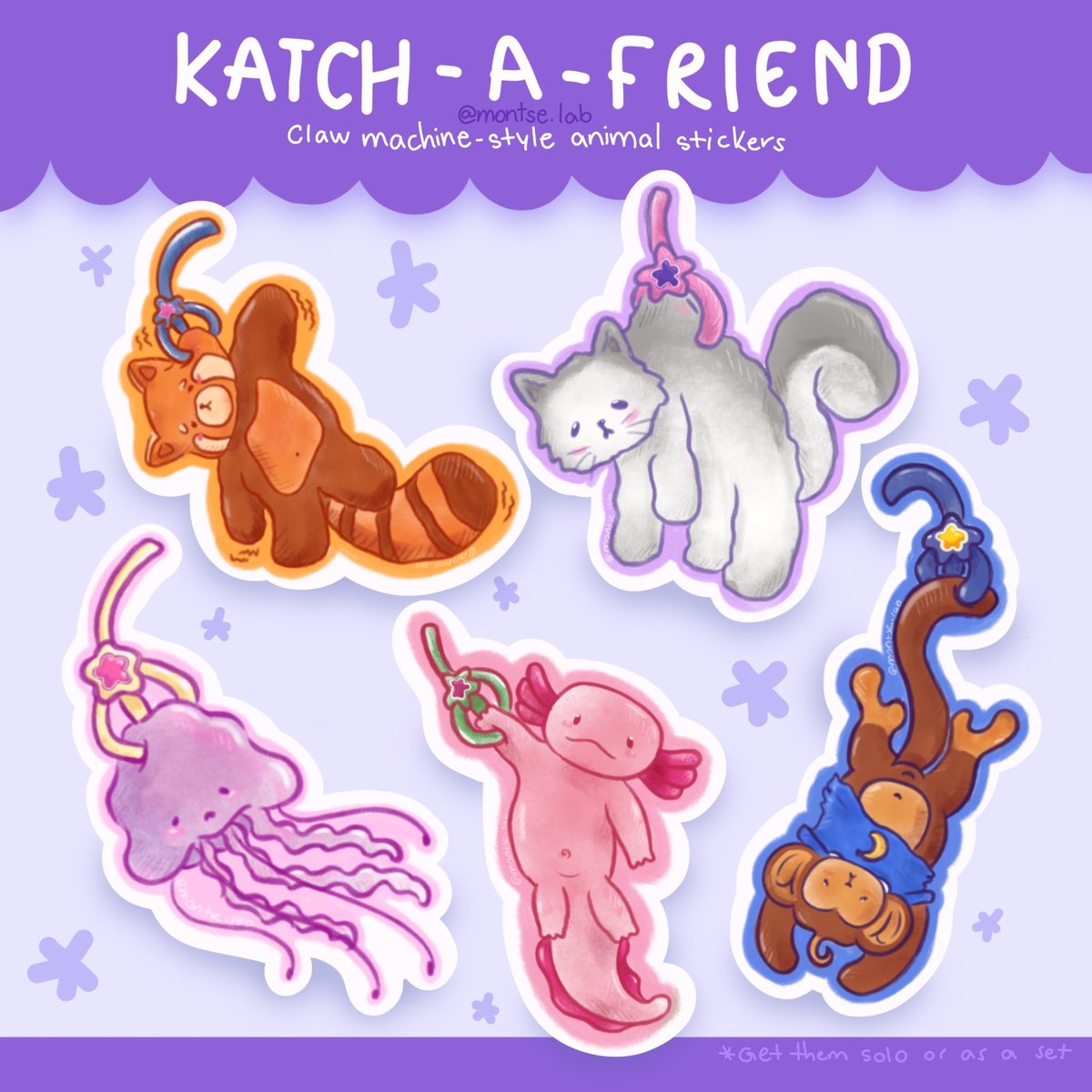 montselabb's tweet image. Say hello to Katch-a-Friend! (&amp;gt;⩊&amp;lt;)
My very first sticker set inspired by claw machine cuties is here! 🧸✨all handmade with love ✂️💖

Katch yours on Ko-fi! ⬇️
[linktr.ee/montselab]

#stickers #handmadestickers #montselab #kawaiiart #stickerdrop