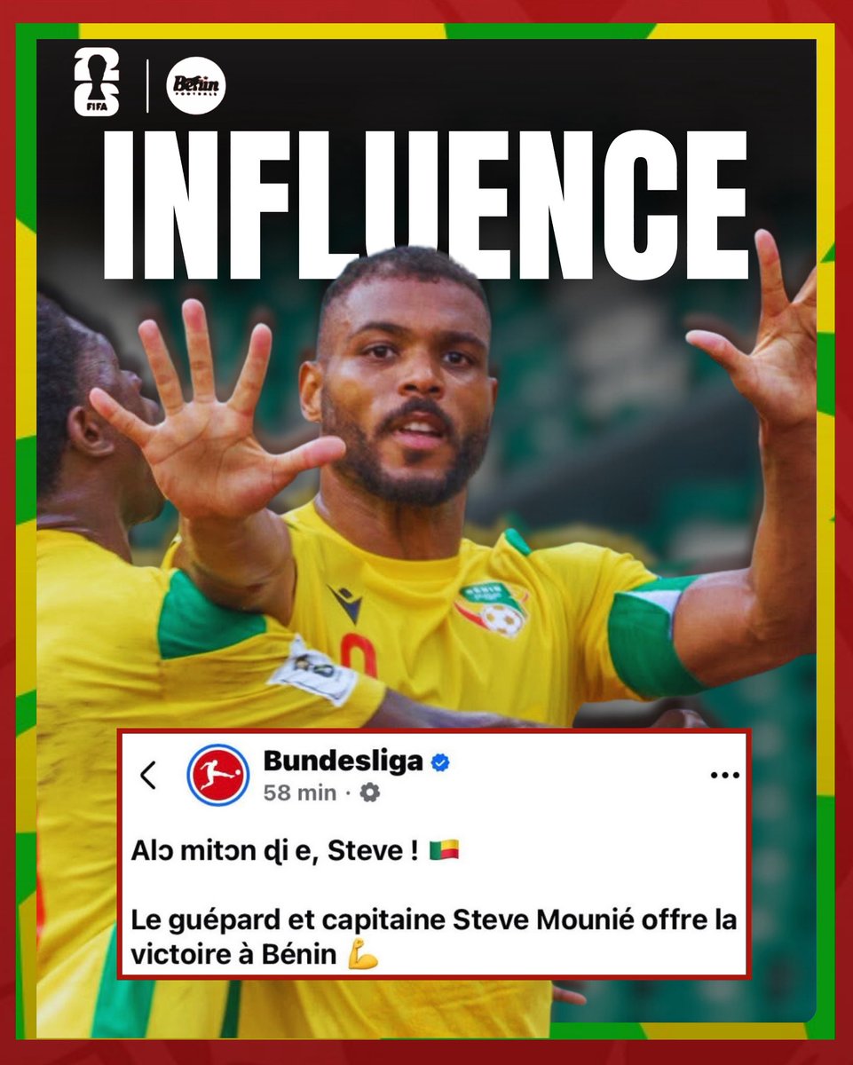 FootballBenin's tweet photo. 𝗥𝗘́𝗔𝗖𝗧𝗜𝗢𝗡 𝗕𝗨𝗡𝗗𝗘𝗦𝗟𝗜𝗚𝗔 🇩🇪✨

Après le succès des Guépards du Bénin 🇧🇯 face aux Warriors du Zimbabwe, la Bundesliga a salué la performance du capitaine Steve Mounié sur sa page officielle Facebook.

Un message symbolique, rédigé en fon :
« Alɔ mitɔn ɖi e, Steve ! 🇧🇯 »
