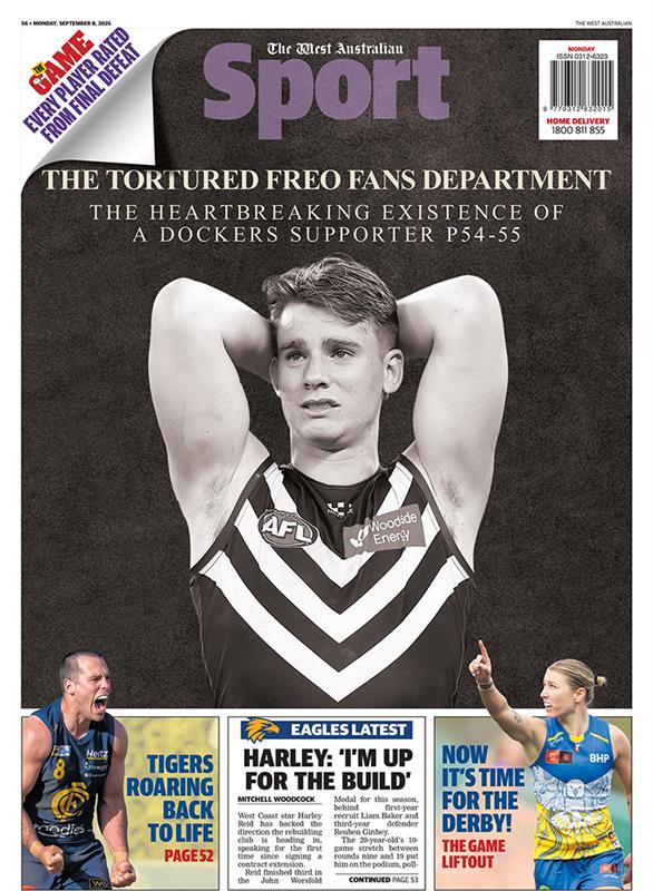 The back page of Monday's <a href="/westaustralian/">The West Australian</a> after Fremantle's finals exit.💔

<a href="/TheWestSport/">The West Sport</a>