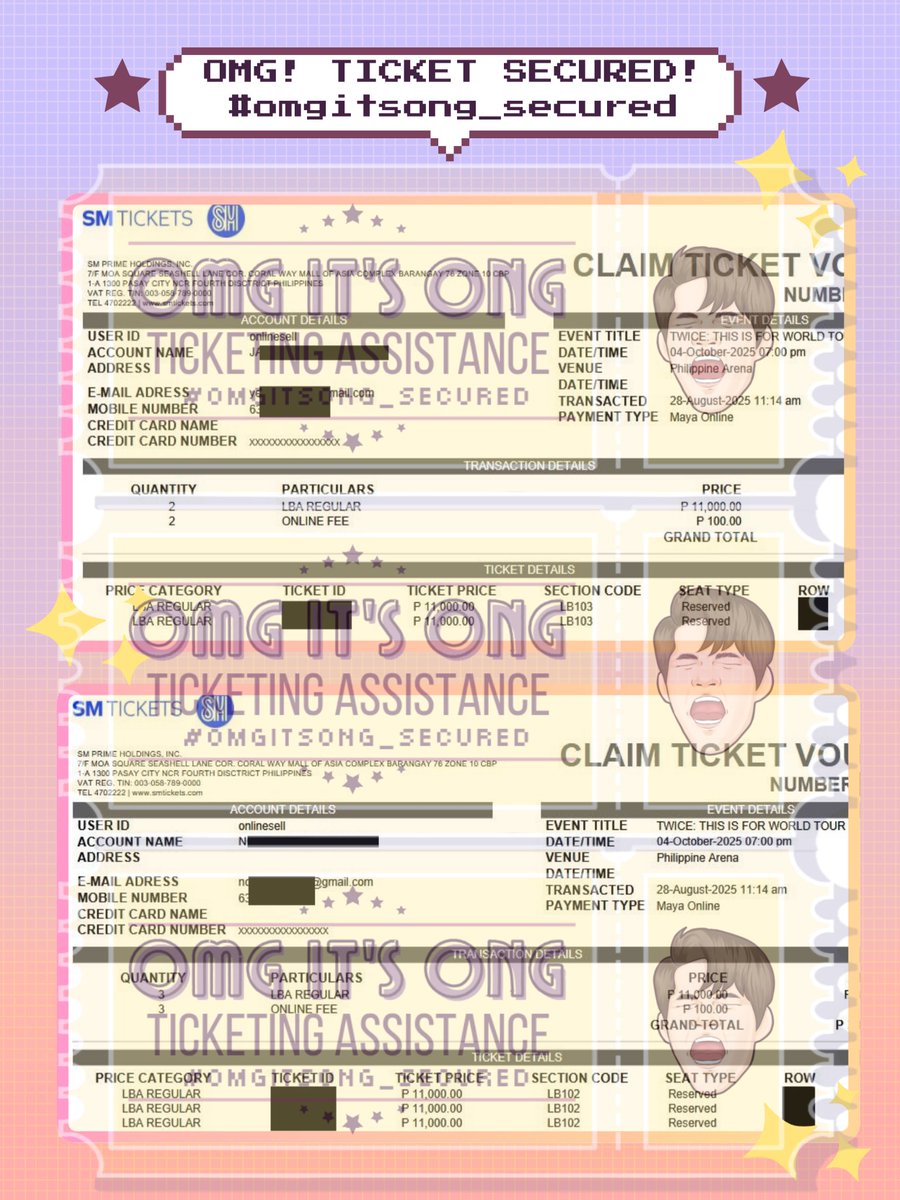 omgitsong_101's tweet photo. #OIO_proofs
OMG, Tickets secured for #TWICE <THIS IS FOR> WORLD TOUR BULACAN
āØTickets secured under client's details
ā
1 VIP Standing
ā
3 LBA Prem
ā
6 LBA Reg
ā
2 LBB Prem & 1 LBB Reg
āTICKETS NOT FOR SALEā
#ķøģģ“ģ¤ #THISISFOR #TWICE_THISISFOR_WORLD_TOUR #TWICEinBULACAN https://t.co/tzVnOxSuFl